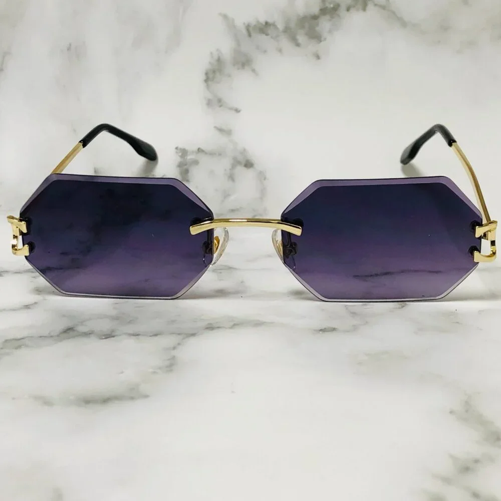 Men Sunglasses Gradient Black Lens Rimless Luxury Retro Shades Gold Metal Lentes